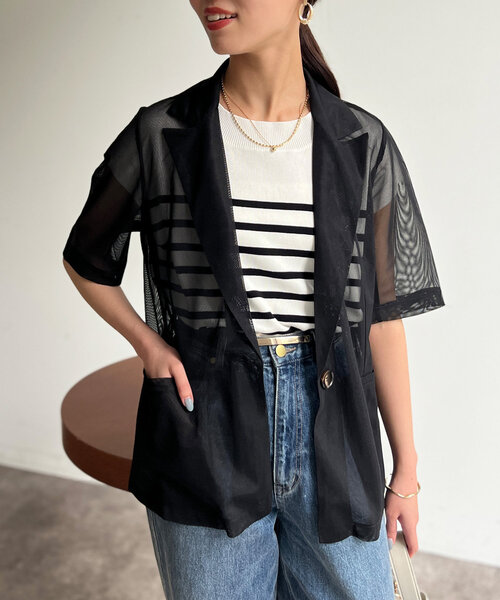 Chez toi(シェトワ)の「5分袖メッシュテーラードジャケット(テーラードジャケット・レディース・ブラック/ブラウン/アイボリー・FREE)」の1枚目の写真