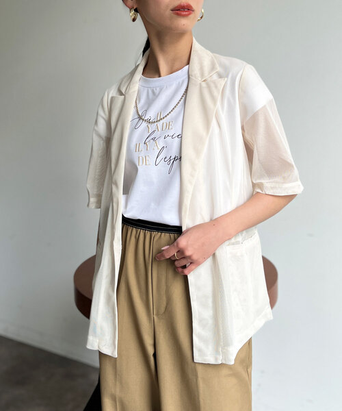 Chez toi(シェトワ)の「5分袖メッシュテーラードジャケット(テーラードジャケット・レディース・ブラック/ブラウン/アイボリー・FREE)」の4枚目の写真