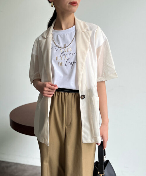 Chez toi(シェトワ)の「5分袖メッシュテーラードジャケット(テーラードジャケット・レディース・ブラック/ブラウン/アイボリー・FREE)」の5枚目の写真