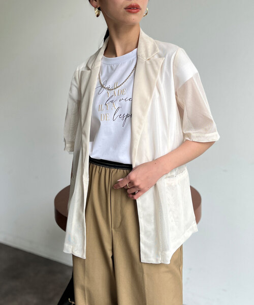 Chez toi(シェトワ)の「5分袖メッシュテーラードジャケット(テーラードジャケット・レディース・ブラック/ブラウン/アイボリー・FREE)」の7枚目の写真
