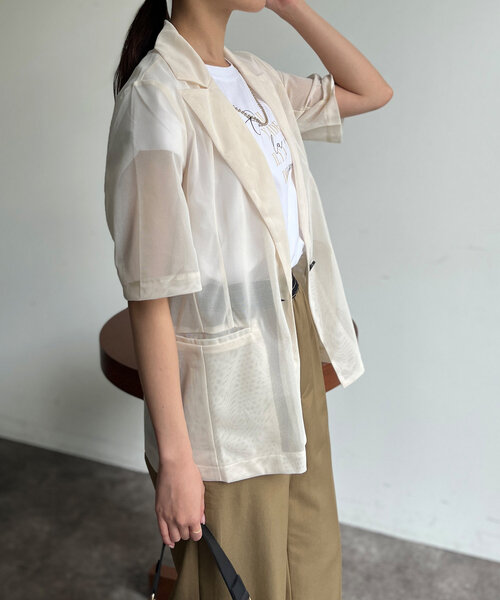 Chez toi(シェトワ)の「5分袖メッシュテーラードジャケット(テーラードジャケット・レディース・ブラック/ブラウン/アイボリー・FREE)」の8枚目の写真