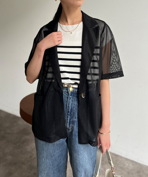 Chez toi(シェトワ)の「5分袖メッシュテーラードジャケット(テーラードジャケット・レディース・ブラック/ブラウン/アイボリー・FREE)」の15枚目の写真