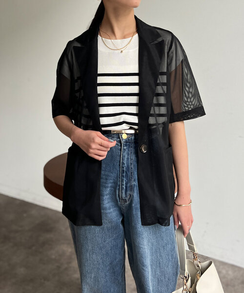 Chez toi(シェトワ)の「5分袖メッシュテーラードジャケット(テーラードジャケット・レディース・ブラック/ブラウン/アイボリー・FREE)」の16枚目の写真