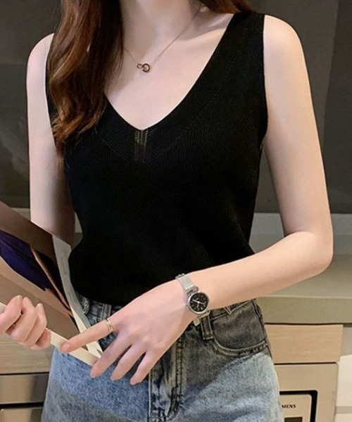 Miniministore(ミニミニストア)の「ニットタンクトップ Vネックサマーニット(タンクトップ・レディース・ダークブルー/ピンク/ブラック/イエロー/ホワイト・FREE)」の4枚目の写真