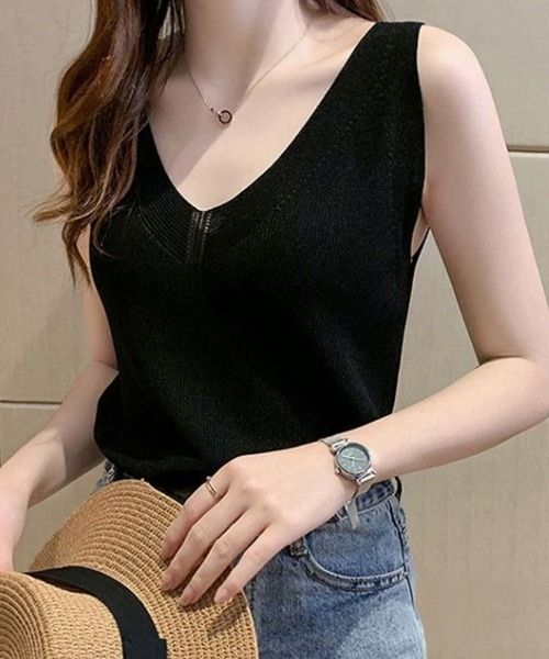 セール】ニットタンクトップ Vネックサマーニット（タンクトップ