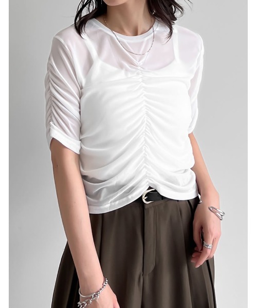 パワーメッシュギャザー半袖シアートップス（Tシャツ/カットソー）｜Re