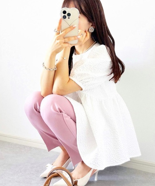 Petitjo(プッチージョ)の「小さいサイズ 【hiiさんコラボ】ふくれジャガードペプラムブラウス 低身長さん・小柄女性(シャツ/ブラウス・レディース・ホワイト/ネイビー・PS(XS-S)/PM/PS/PL)」の3枚目の写真