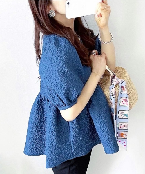 Petitjo(プッチージョ)の「小さいサイズ 【hiiさんコラボ】ふくれジャガードペプラムブラウス 低身長さん・小柄女性(シャツ/ブラウス・レディース・ホワイト/ネイビー・PS(XS-S)/PM/PS/PL)」の12枚目の写真