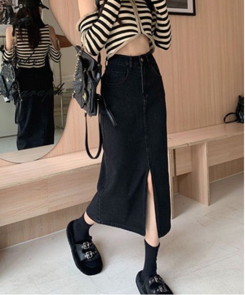 セール】フロントスリットデニムロングスカート（デニムスカート