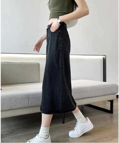 セール】フロントスリットデニムロングスカート（デニムスカート
