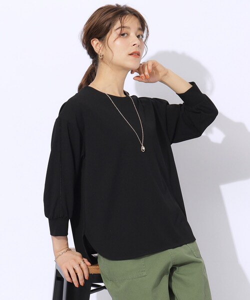 DRESKIP（ドレスキップ）の「◆【2点セット/7分袖】ネックレス付き お袖パイピングトップス（シャツ/ブラウス・レディース・ライトベージュ/ブルー/ブラック/サンドベージュ・03/02/04）」の2枚目の写真