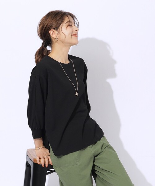 DRESKIP（ドレスキップ）の「◆【2点セット/7分袖】ネックレス付き お袖パイピングトップス（シャツ/ブラウス・レディース・ライトベージュ/ブルー/ブラック/サンドベージュ・03/02/04）」の6枚目の写真