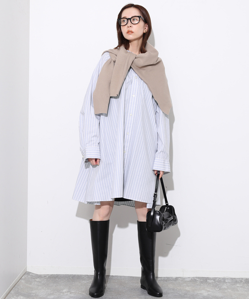 SLOBE IENA（スローブイエナ）の「コットンAラインチュニックワンピース（シャツワンピース・レディース・ネイビー/グレー・FREE）」の3枚目の写真