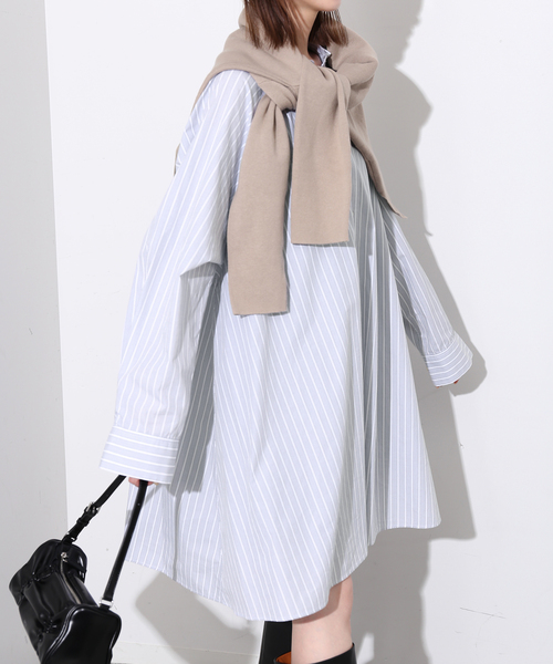 SLOBE IENA（スローブイエナ）の「コットンAラインチュニックワンピース（シャツワンピース・レディース・ネイビー/グレー・FREE）」の8枚目の写真