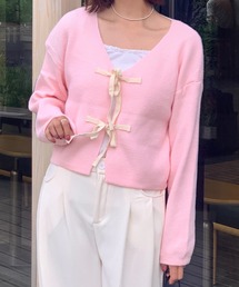 リボン ショート カーディガン 長袖ニットトップス