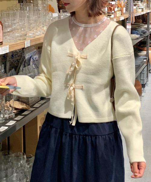 Teem Store(チームストア)の「リボン ショート カーディガン 長袖ニットトップス(カーディガン/ボレロ・レディース・ブラック/グリーン/ピンク/グレー/アイボリー・F)」の2枚目の写真