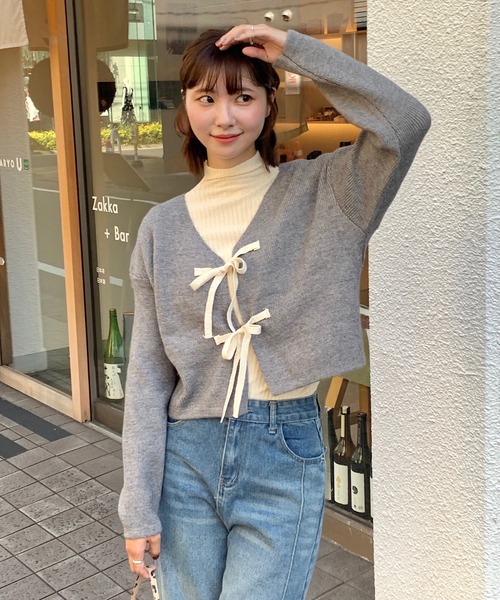 Teem Store(チームストア)の「リボン ショート カーディガン 長袖ニットトップス(カーディガン/ボレロ・レディース・ブラック/グリーン/ピンク/グレー/アイボリー・F)」の12枚目の写真
