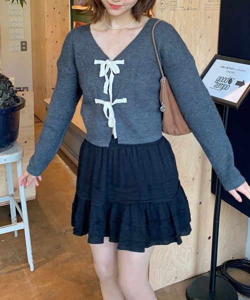 Teem Store(チームストア)の「リボン ショート カーディガン 長袖ニットトップス(カーディガン/ボレロ・レディース・ブラック/グリーン/ピンク/グレー/アイボリー・F)」の7枚目の写真