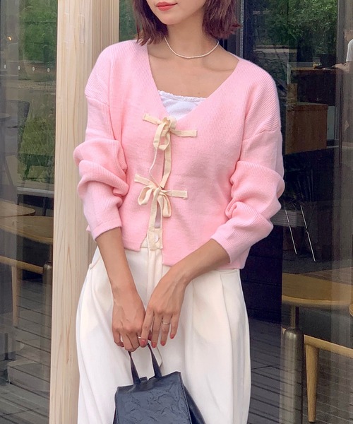 Teem Store(チームストア)の「リボン ショート カーディガン 長袖ニットトップス(カーディガン/ボレロ・レディース・ブラック/グリーン/ピンク/グレー/アイボリー・F)」の21枚目の写真