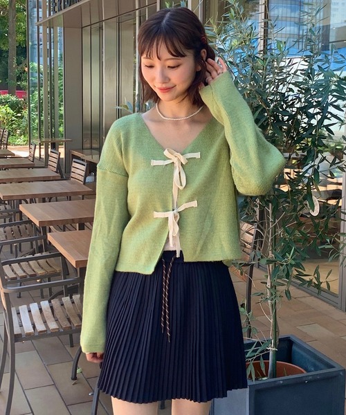 Teem Store(チームストア)の「リボン ショート カーディガン 長袖ニットトップス(カーディガン/ボレロ・レディース・ブラック/グリーン/ピンク/グレー/アイボリー・F)」の16枚目の写真
