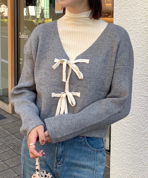 Teem Store(チームストア)の「リボン ショート カーディガン 長袖ニットトップス(カーディガン/ボレロ・レディース・ブラック/グリーン/ピンク/グレー/アイボリー・F)」の14枚目の写真