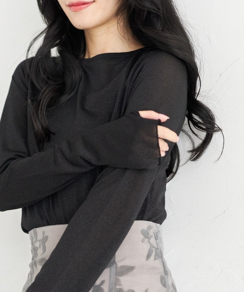 tocco closet(トッコ クローゼット)の「【ZOZO限定】長袖ラメシアーカットクルートップス(Tシャツ/カットソー・レディース・ミント/ブラック/グレー・M)」の2枚目の写真