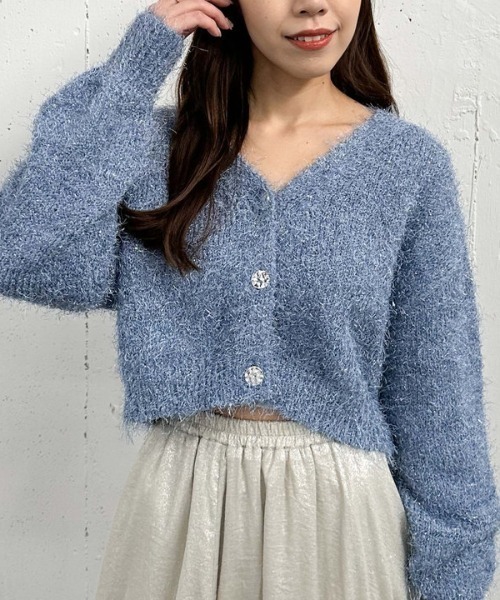 archives（アルシーヴ）の「ラメフェザーショートニットカーディガン