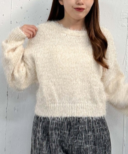 archives（アルシーヴ）の「ラメフェザーショートニットカーディガン