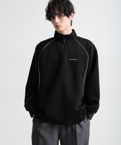 Ridingmania（ライディングマニア）の「【Ridingmania】パイピングライン/ワンポイント刺繍ハーフジップ（スウェット・メンズ・ブラック/ライトグレー・LARGE/MEDIUM）」の4枚目の写真