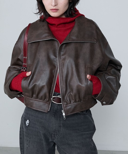 牛革ブルゾン綺麗なエンジ色 Stitched collar vintage-like short blouson / ステッチカラー