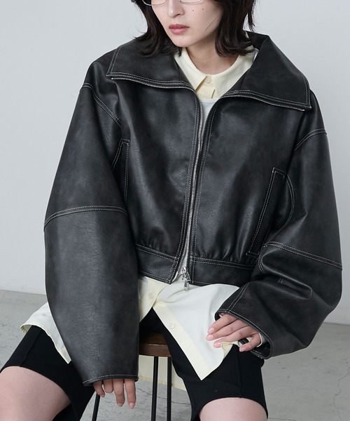 le ELMi（ルエルミ）の「Stitched collar vintage-like short blouson / ステッチカラーヴィンテージライクショートブルゾン（ブルゾン・レディース・ブラック/ブラウン/グレー・FREE）」の5枚目の写真