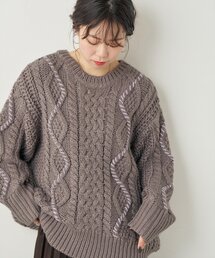 配色ラインゆるケーブルニット
