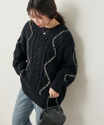 配色ラインゆるケーブルニット