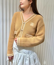 TRUSSARDI 売れ筋商品|||トラサルディ カーディガン アウター レディース Cardigans Brown 刺繍プリントニットカーディガンVネックレースセーター ショート