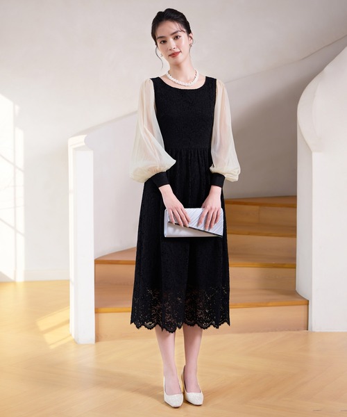 DRESS PLUS(ドレスプラス)の「レースとシアー素材を切り替えた大人ドレスワンピース(ドレス・レディース・ブラウン/ブラック/チャコールグレー・XXL/XL/L/M/S)」の4枚目の写真