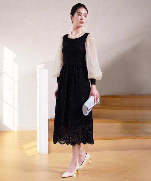 DRESS PLUS(ドレスプラス)の「レースとシアー素材を切り替えた大人ドレスワンピース(ドレス・レディース・ブラウン/ブラック/チャコールグレー・XXL/XL/L/M/S)」の5枚目の写真