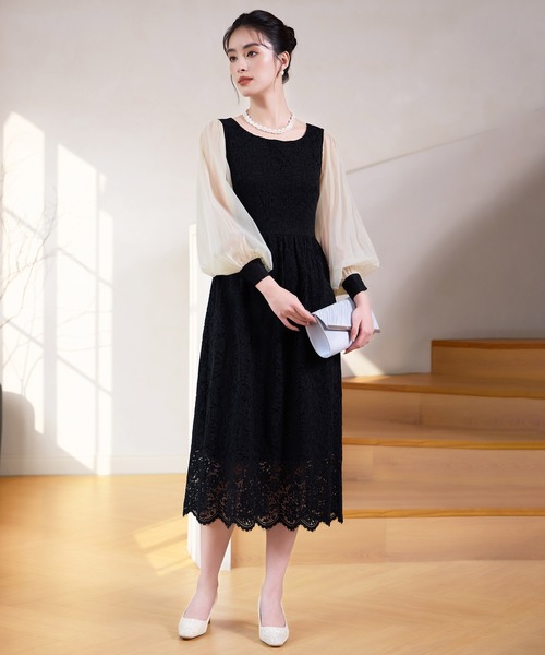 DRESS PLUS(ドレスプラス)の「レースとシアー素材を切り替えた大人ドレスワンピース(ドレス・レディース・ブラウン/ブラック/チャコールグレー・XXL/XL/L/M/S)」の6枚目の写真