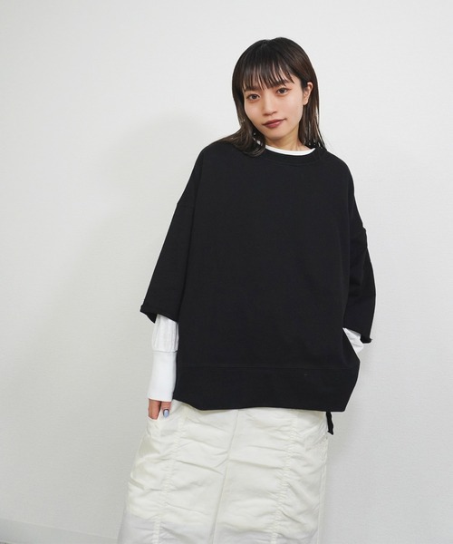 gossara(ゴサラ)の「【着回し力抜群】7分袖裏毛ワイドプルオーバー(Tシャツ/カットソー・レディース・ブラック/オートミール/ベージュ・FREE)」の2枚目の写真