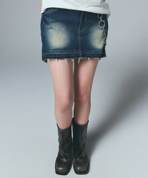 ヒス×エックスガール★コラボ★総柄デニムスカート★インディゴ★美品 ヒス×エックスガール☆コラボ☆総柄デニムスカート☆インディゴ