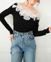 Sawa a la mode | チュールフラワーモチーフリブトップス(Tシャツ/カットソー)