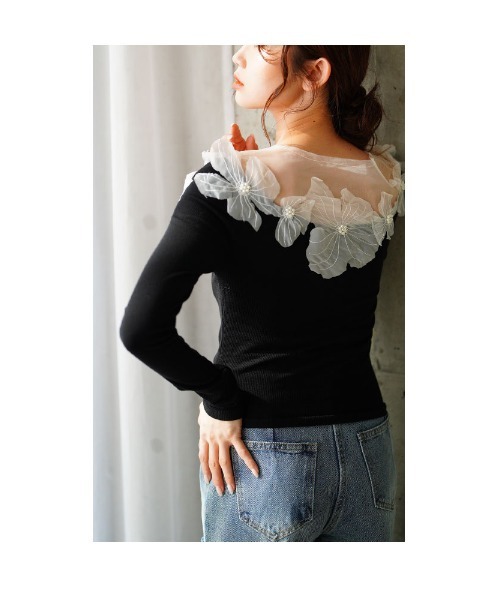 Sawa a la mode（サワアラモード）の「チュールフラワーモチーフリブトップス（Tシャツ/カットソー・レディース・ブラック・FREE）」の7枚目の写真