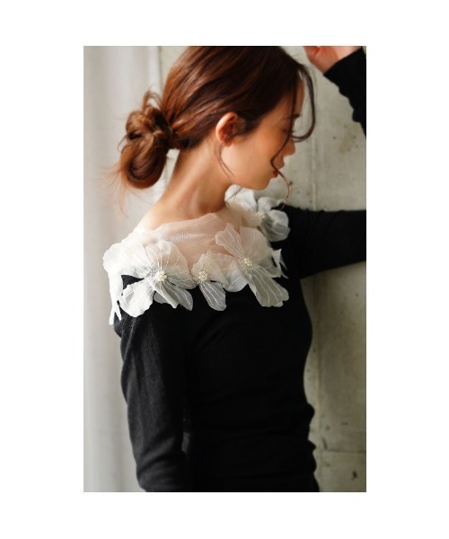 Sawa a la mode（サワアラモード）の「チュールフラワーモチーフリブトップス（Tシャツ/カットソー・レディース・ブラック・FREE）」の9枚目の写真