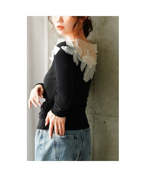 Sawa a la mode（サワアラモード）の「チュールフラワーモチーフリブトップス（Tシャツ/カットソー・レディース・ブラック・FREE）」の10枚目の写真