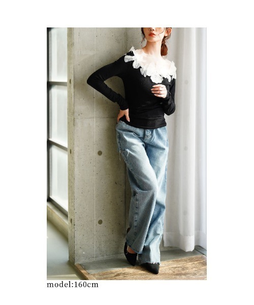 Sawa a la mode（サワアラモード）の「チュールフラワーモチーフリブトップス（Tシャツ/カットソー・レディース・ブラック・FREE）」の11枚目の写真