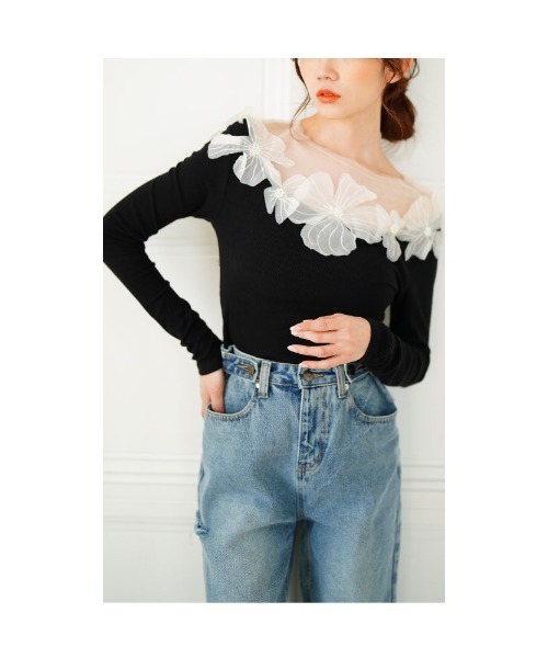 Sawa a la mode（サワアラモード）の「チュールフラワーモチーフリブトップス（Tシャツ/カットソー・レディース・ブラック・FREE）」の13枚目の写真