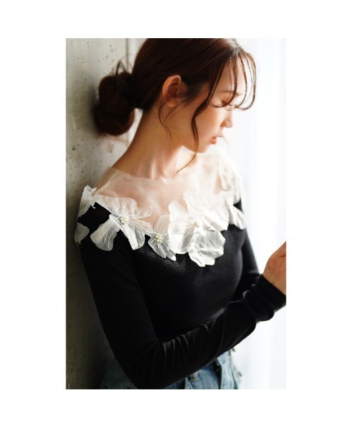 Sawa a la mode（サワアラモード）の「チュールフラワーモチーフリブトップス（Tシャツ/カットソー・レディース・ブラック・FREE）」の15枚目の写真