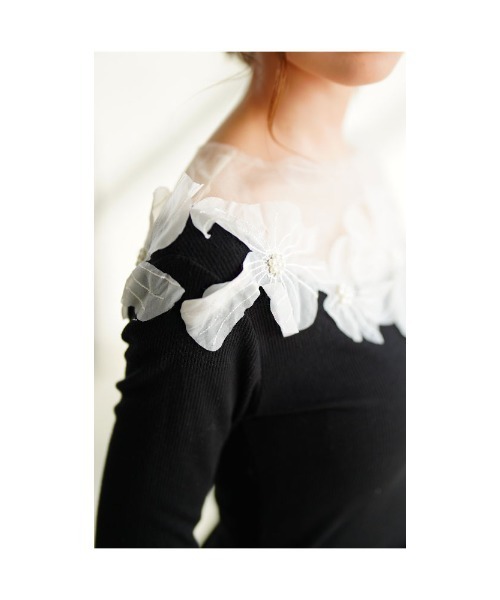 Sawa a la mode（サワアラモード）の「チュールフラワーモチーフリブトップス（Tシャツ/カットソー・レディース・ブラック・FREE）」の16枚目の写真