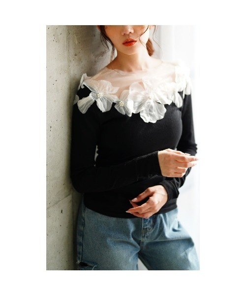 Sawa a la mode（サワアラモード）の「チュールフラワーモチーフリブトップス（Tシャツ/カットソー・レディース・ブラック・FREE）」の17枚目の写真