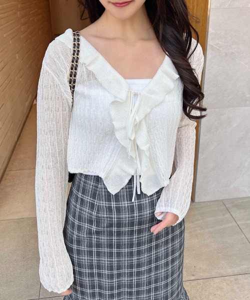 INGNI（イング）の「シアーフリルラメニットカーディガン（カーディガン/ボレロ・レディース・サックスブルー/オフホワイト/ピンク/ネイビー・M）」の5枚目の写真