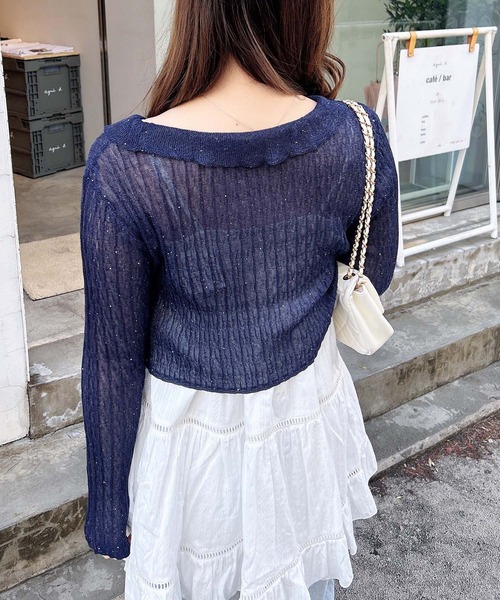 INGNI（イング）の「シアーフリルラメニットカーディガン（カーディガン/ボレロ・レディース・サックスブルー/オフホワイト/ピンク/ネイビー・M）」の11枚目の写真